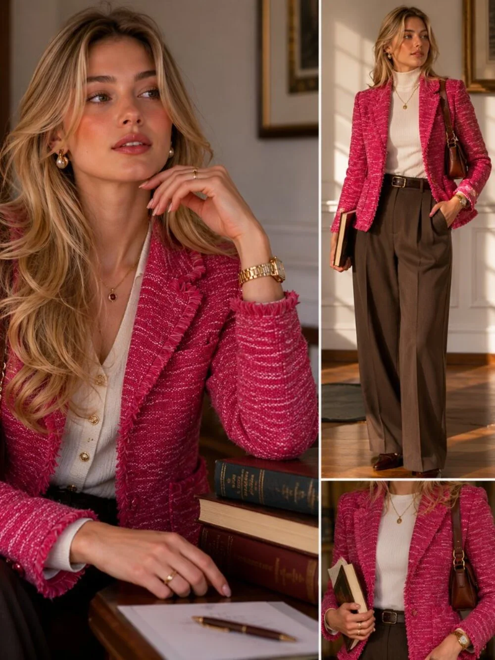 ELLE Pink/Red Tweed Blazer Jacket – Academic Chic Preppy Statement Piece - Picture 1 of 4